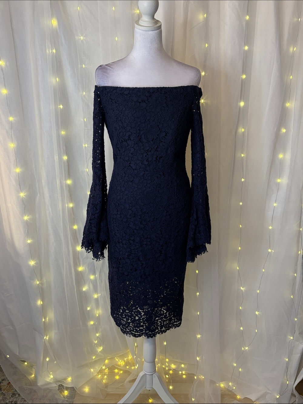 Bardot Navy Off-Shoulder Lace Long-Sleeve Dress